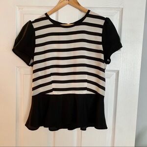 🌿Black & White Top Striped Peplum Zipper Back M